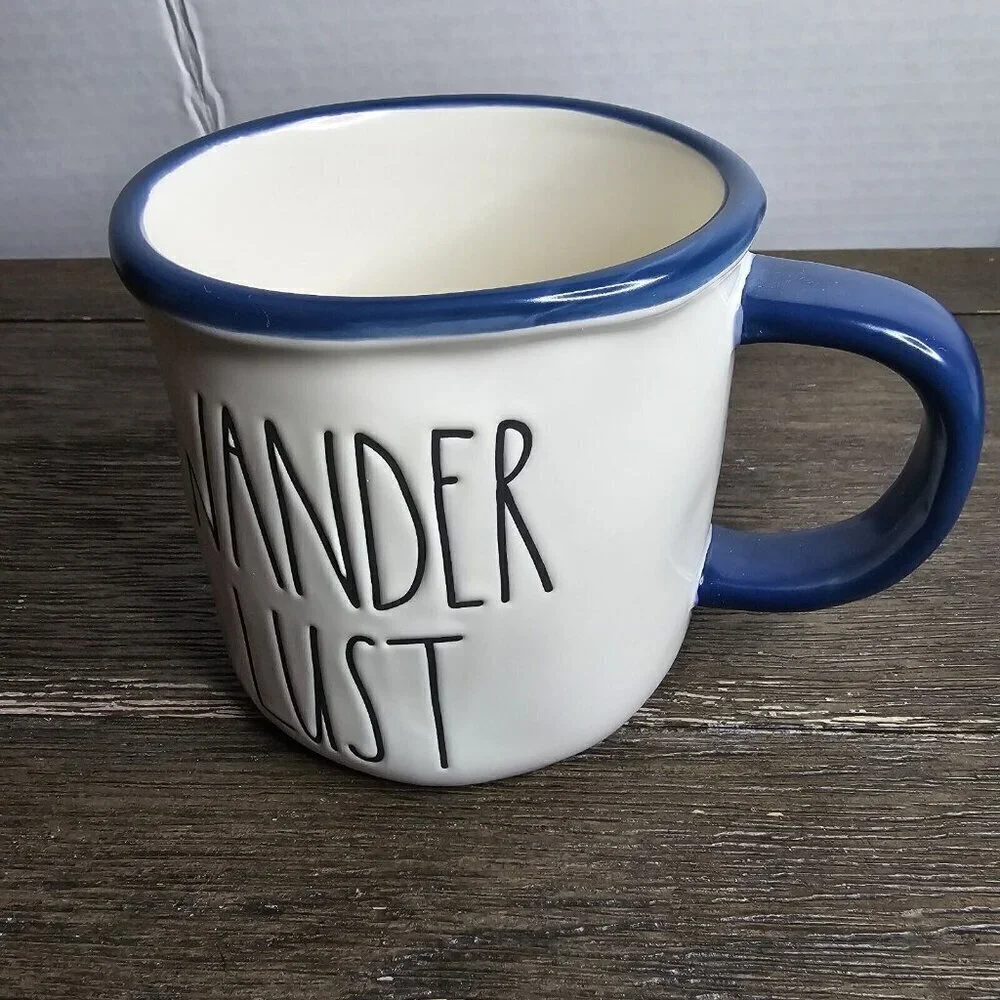 NWT Rae Dunn Artisan Wanderlust Coffee Mug Blue Trim Summer Camping Boho
